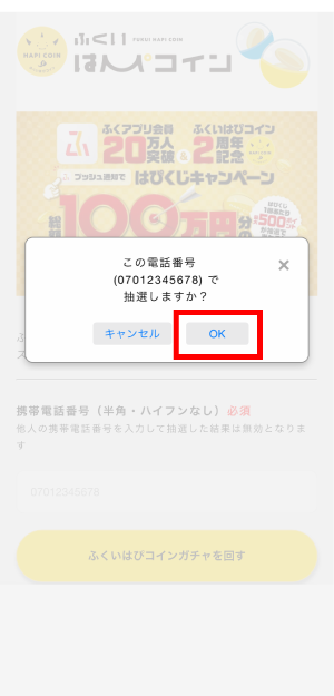 携帯電話番号を確認し、OKボタンをタップします。
